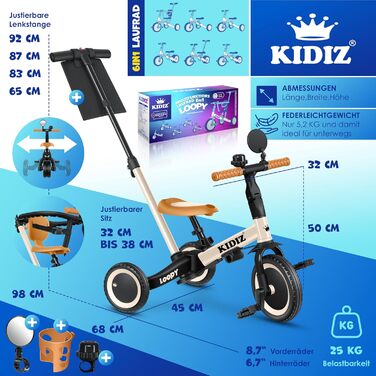 Біговел-триколіс KIDIZ 6-в-1 для дітей від 1 до 5 років (бежевий) до 25 кг з ручкою, захисним бампером, ременем безпеки, дзвінком та дзеркалом