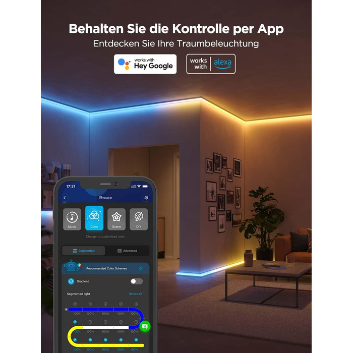 Світлодіодна стрічка Govee RGBIC 5M, сумісна з Alexa та Google, ігровий світлодіод для спальні, 64 сюжетні режими