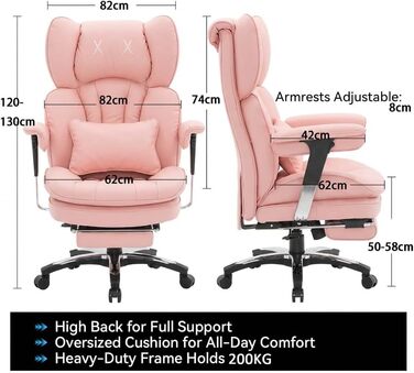 Ергономічне офісне крісло Efomao для дому та геймінгу, шкірзам PU, чорно-рожеве, до 200 кг, з підставкою для ніг та підтримкою попереку
