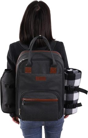 Набір для пікніка на 2 особи ALLCAMP: рюкзак, десерна тарілка, столові прибори, флісова ковдра, тримач для пляшки/вина (чорний)