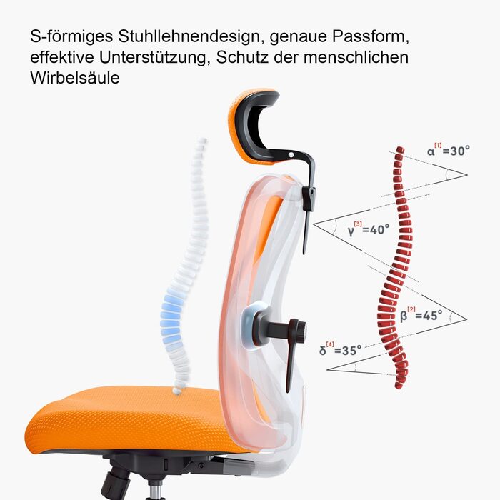 Ергономічне офісне крісло SIHOO, регульована поперекова підтримка, підголівник, підлокітник, до 150 кг, помаранчевий
