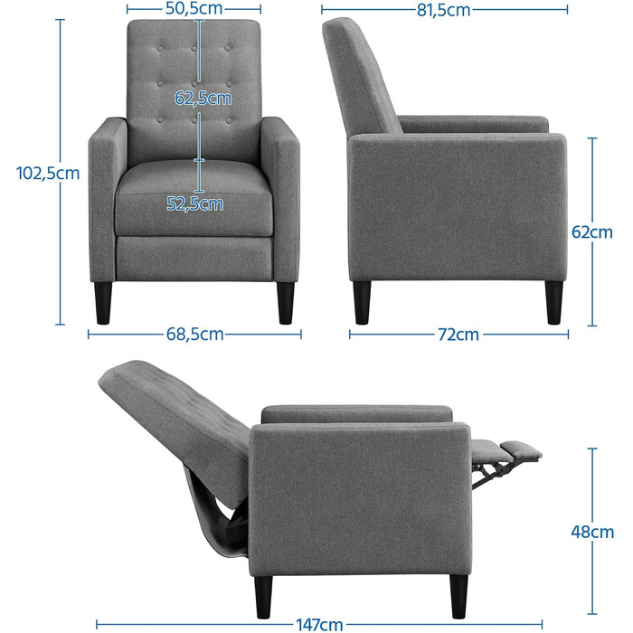 Крісло-релакс Yaheetech для телевізора, регульоване, сіре, з тканини льон