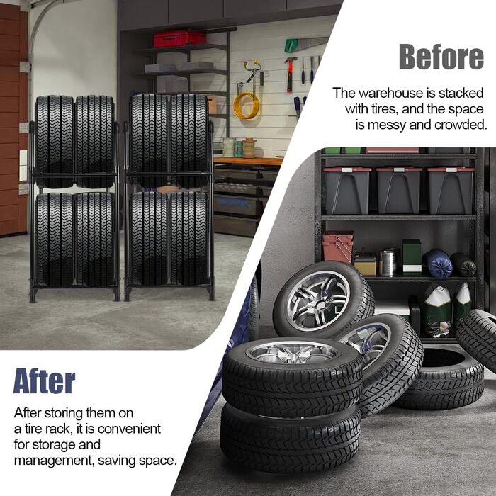 Стійка для шин BAOYOUNI на 4 шини/диски, 2 яруси, чорна. Міцна, економна, для гаража, підвалу, майстерні. 57,2 x 37,3 x 114,6 см