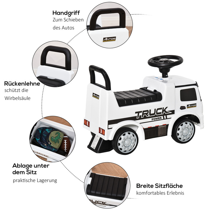 Машинка-каталка Mercedes ANTOS: ліцензована іграшка для дітей 12-36 місяців. Стиль вантажного автомобіля ANTOS, з підсвіткою. Виготовлена з металу та PP-пластику. Колір: білий+чорний. Розміри: 62,5 x 28,5 x 45 см.