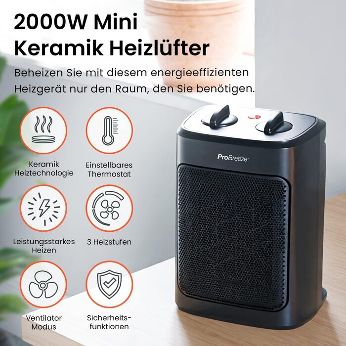 Про Breeze 2000W керамічний міні-нагрівач з холодною функцією та 3 рівнями потужності - для офісу, вітальні, спальні або тераси - Чорний