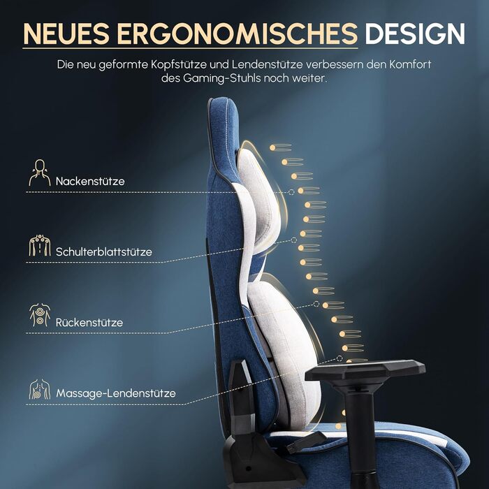 Dowinx Ігровий крісло, дихаючий офісний стілець з високоякісного матеріалу, ергономічний PC стілець з 4D підлокітниками, регульований і поворотний ігровий стілець з підніжкою, блакитний