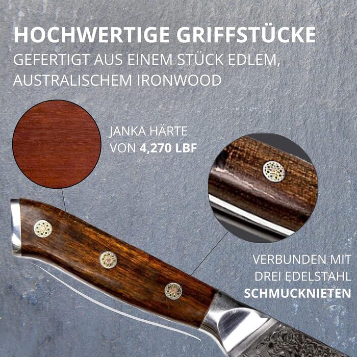 Набір кухонних ножів Stallion Damast з японської сталі VG10 та ручкою з Gidgee (найвища якість, MEISTERSCHLIFF CONVEX)