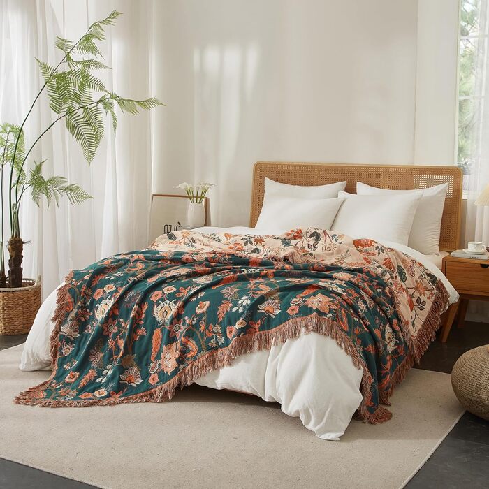 Богемна ковдра Softexly Boho Decke 100% бавовна – двостороння муслінова ковдра 150x200 см, м'яка софа/ліжко, естетичний дизайн, для вітальні та спальні, помаранчевий/зелений (230 x 250 см, Квіткова мелодія)