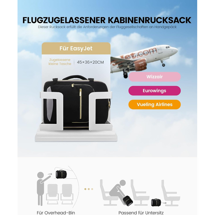 Рюкзак LOVEVOOK для ручної поклажі Ryanair (40x20x25 см), для ноутбука 13.3 дюйма, чорний, підходить для Eurowings, Wizz Air