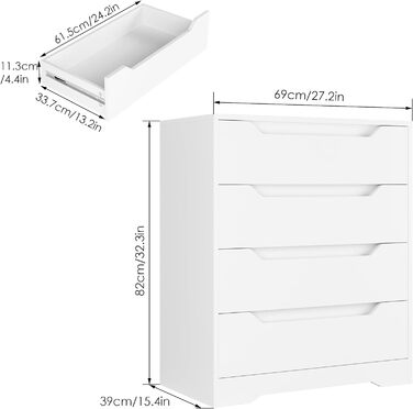 Комод, сервант з 4 шухлядами, велике місце для зберігання, 69x39x82см (Білий)