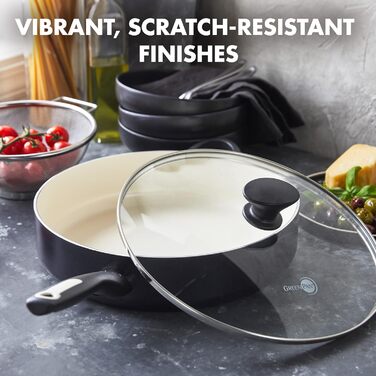 GreenPan Rio: антипригарна сковорода з керамічним покриттям 30 см, 4.8 л з кришкою, без PFAS, охолоджувальна ручка, до 160°C в духовці, для миття в посудомийній машині, чорно-кремовий колір, не для індукції