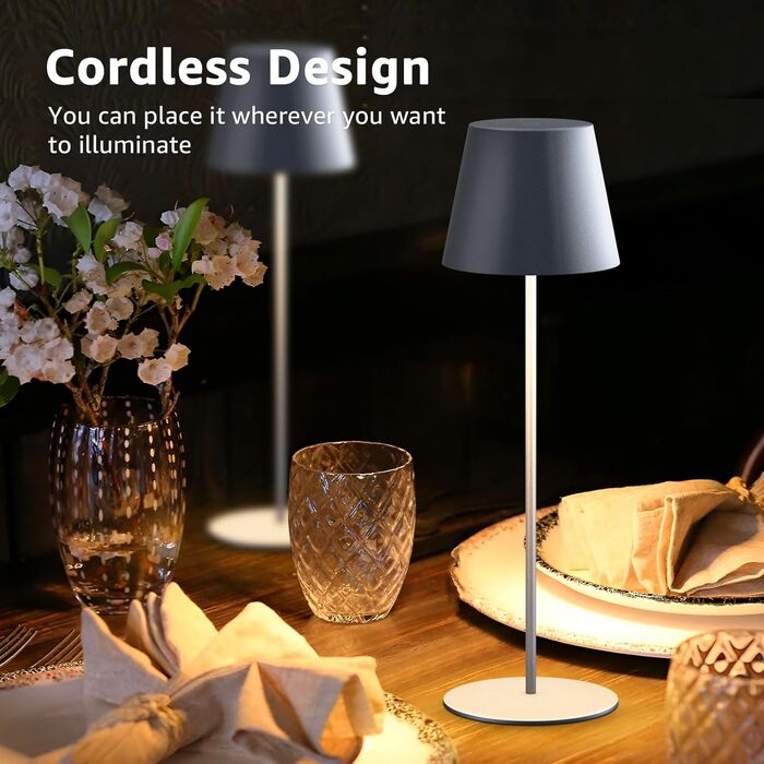 LED настільна лампа MALUX 2 шт. бездротова з сенсором, для дому та вулиці, акумуляторна, 3 режими температури кольору, регулювання яскравості, таймер, чорний/сірий