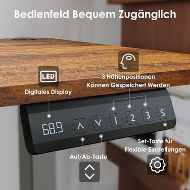 Електричний регульований стіл 120x60 см з пам'яттю висоти. Стіл для стоячи/сидячи, з висувними ящиками, коричневий, для дому/офісу/навчання.