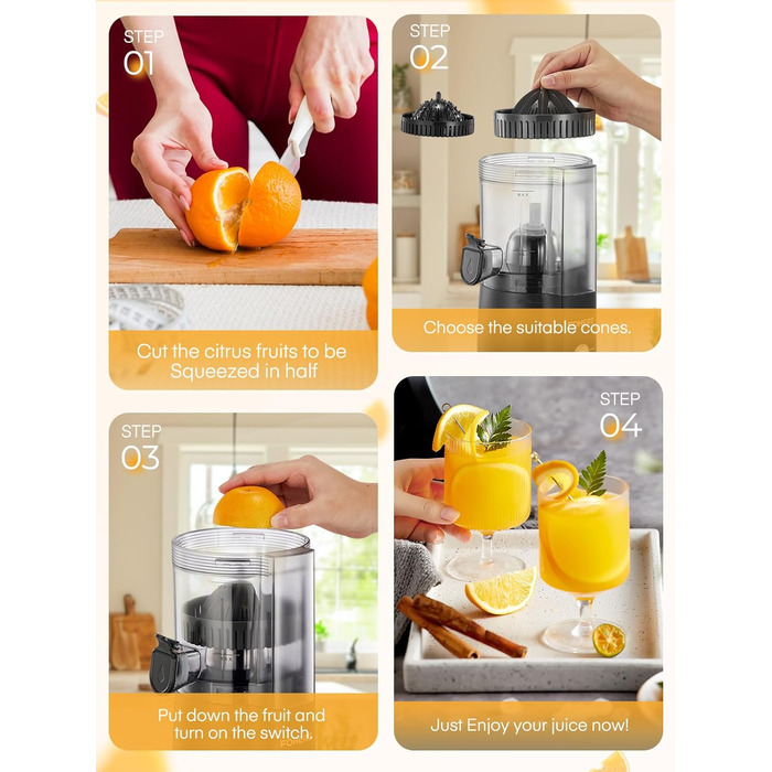 Електрична прес для цитрусових FOHERE, автоматична соковичавниця для апельсинів, грейпфрутів, лимонів, з потужним мотором 100W, без BPA, 2 конуси для різних фруктів, чорний
