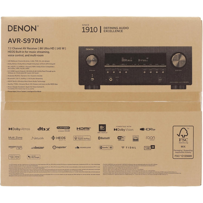 Канальний AV-ресивер Denon AVR-S970H, Dolby Atmos, 8K HDMI, Bluetooth, Wi-Fi, Alexa, Чорний, 7.2-