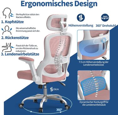 Ергономічне крісло TRALT для офісу та дому: ігрове крісло з регульованою підголівником та поперековою підтримкою, mesh-крісло, 150 кг, рожеве