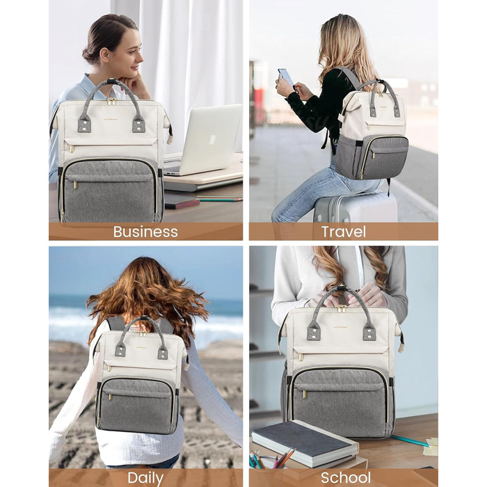 Рюкзак для ноутбука LOVEVOOK 17 дюймів, жіночий, великий, для підлітків, ручна поклажа, водонепроникний, дихаючі лямки, для навчання, школи та подорожей, бежево-сірий