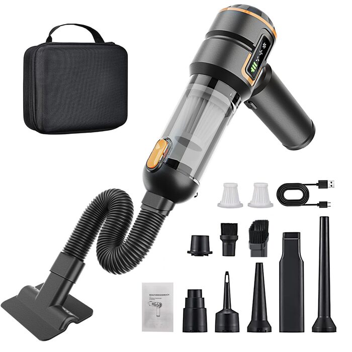 Акумуляторний ручний пилосмок для авто та дому 23000Па, міні-пилосмок з функцією продувки та насоса, 6000mAh, чорно-золотий