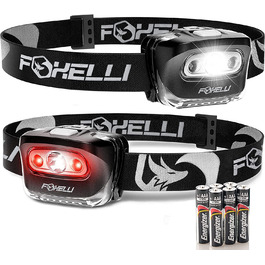 Світлодіодна фара Foxelli-для дорослих і дітей, для бігу, кемпінгу, піших прогулянок, фара з білим і червоним світлом, легка водонепроникна фара зі зручною пов'язкою на голову, 3 батарейки ААА в комплекті 2 чорні упаковки