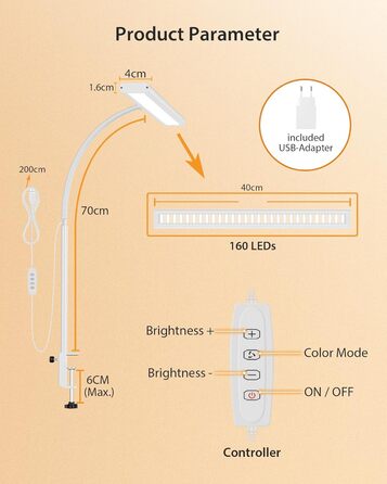 iFalarila Настільна лампа 10W з LED, регулювання яскравості, USB-порт, 3 колірні температури, 10 рівнів яскравості, гнучкий 70см шланх | Без пульта ДК