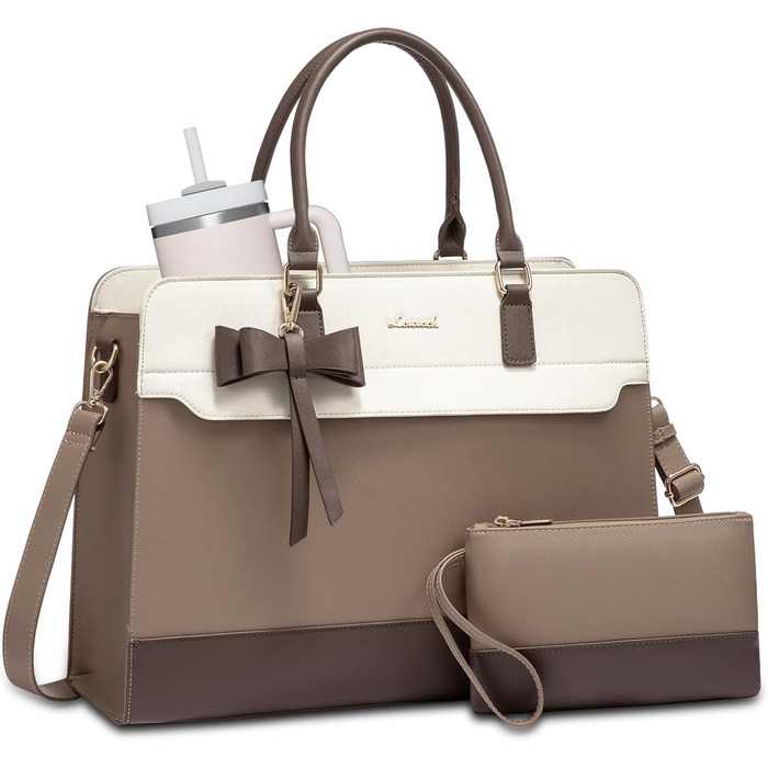 Сумка LOVEVOOK для жінок, 15.6 дюймів, лаптоп-сумка, робоча сумка, елегантна, універсальна, шкіряна, для школи, офісу, ділових поїздок (15.6 дюймів, хакі-беж)
