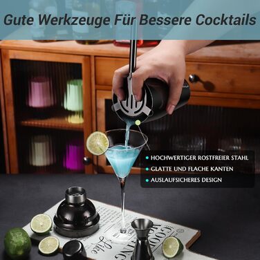 Набір шейкерів для коктейлів, 12 предметів, нержавіюча сталь, 750 мл, з підставкою, ідеально підходить для домашнього бару (чорний)