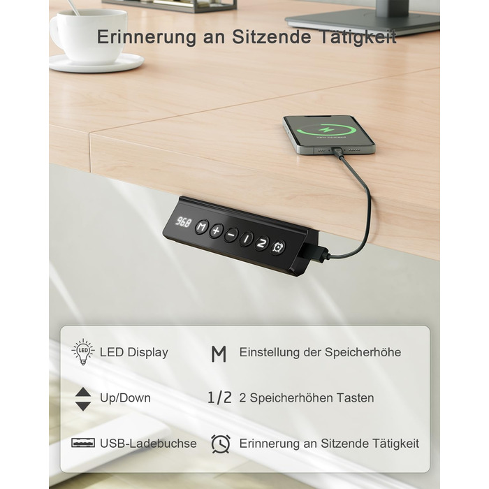 Регульований стіл JUMMICO 160 x 70 см з USB-портом для зарядки, електричний, стоячий/сидячий, бежевий