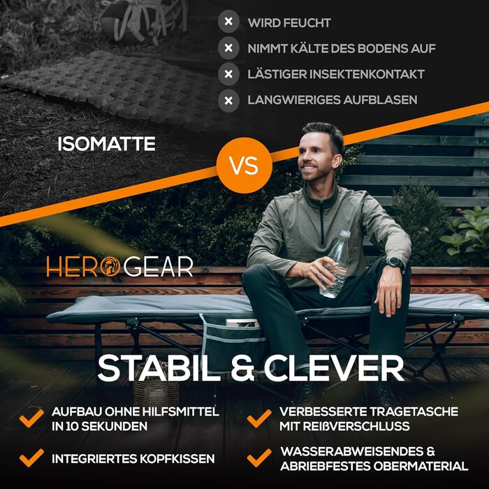 Складане польове ліжко HEROGEAR з м'яким бавовняним наповнювачем, інтегрованою подушкою та матрацом, для дорослих, гостьове, туристичне, пляжне, садове, розкладне, 190x67 см