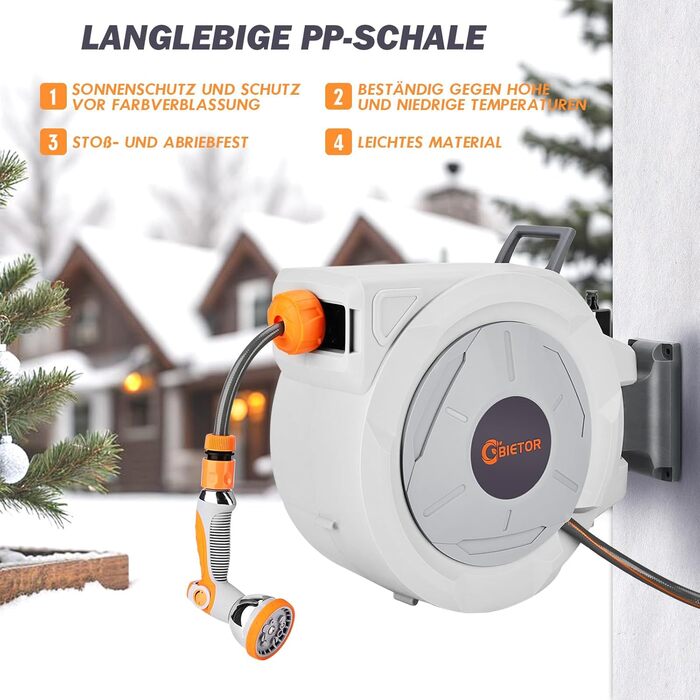 Висувна касетна система для садового шланга 20м + 2м з пістолетом, повільний зворотний механізм, фіксація будь-якої довжини, поворотна кріплення 180°