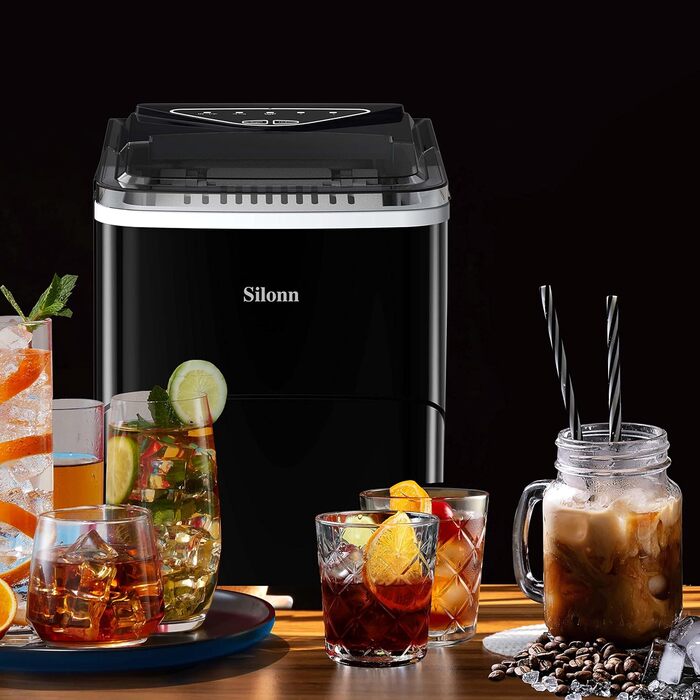 Машина для приготування льоду Silonn, самоочисна, чорна, 2.0L, 9 кубиків за 6 хвилин, 12 кг за 24 години, 2 розміри кубиків для кухні, офісу, бару та вечірки
