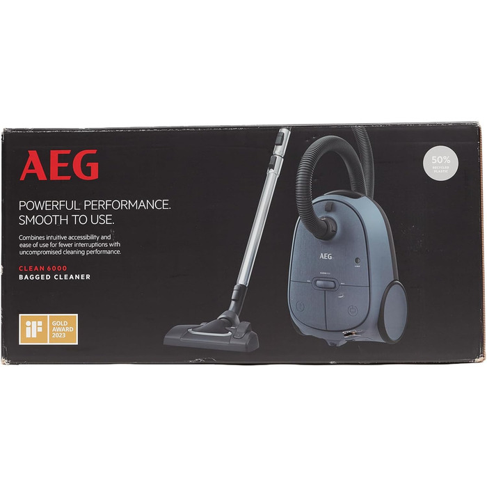 Пилосос AEG CLEAN 6000 AB61C1OKO ECO / Високе всмоктування / Додаткові насадки / Колеса XL / Телескопічна трубка з нержавіючої сталі / 65 переробленого матеріалу / Кабель 12 м / 750 Вт / Аксесуари / Сірий (синій)