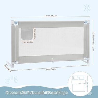 Бортик для ліжка WOLTU 150 см, захисний бортик для дітей та немовлят, регульована висота 69-87 см, тканина Оксфорд, металевий каркас, світло-сірий