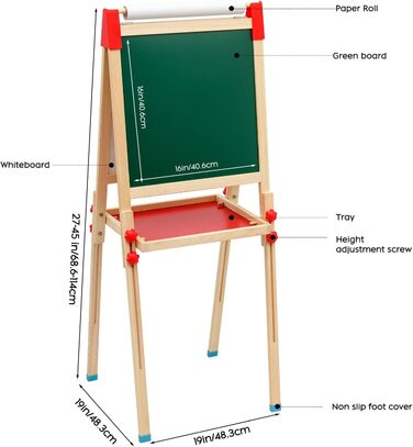 Дитяча мольберт Kinder Staffelei 3 в 1: дерев'яна дошка з рулоном паперу, двостороння, регульована висота 68-114 см. Комплектація: аксесуари для малювання. Підходить для дітей 3-12 років.