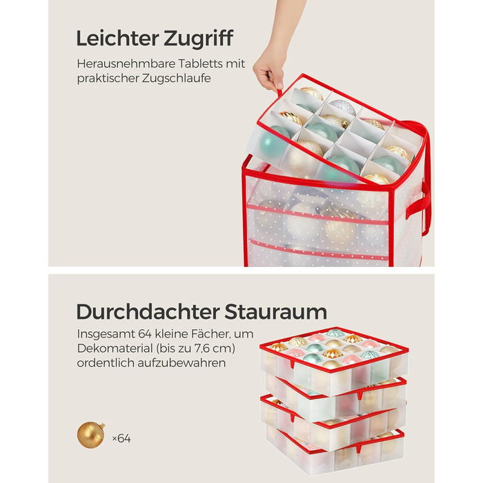Ящик для зберігання новорічних прикрас SONGMICS з 64 відділеннями, 33.5 x 33.5 x 34 см, вишневий колір