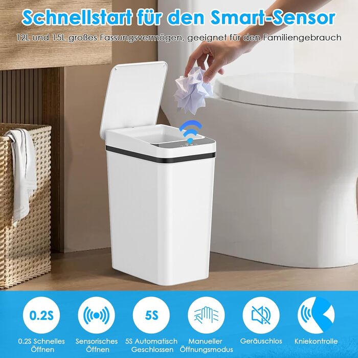 Електричний сміттєвий бак Dreamhigh 2шт. (15L + 12L) з датчиком, автоматичним відкриванням, 3 режимами відкривання, тихий, вологостійкий для кухні, ванної, офісу, вітальні