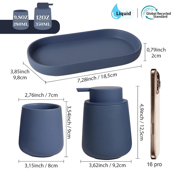 Набір для ванної кімнати блакитного кольору, керамічний аксесуар для ванної кімнати, 3-частинний, декоративний набір дозаторів мила, стакан для зубної пасти та підставка для прикрас, підходить для ванної кімнати, умивальника, готелю, для рідкого мила