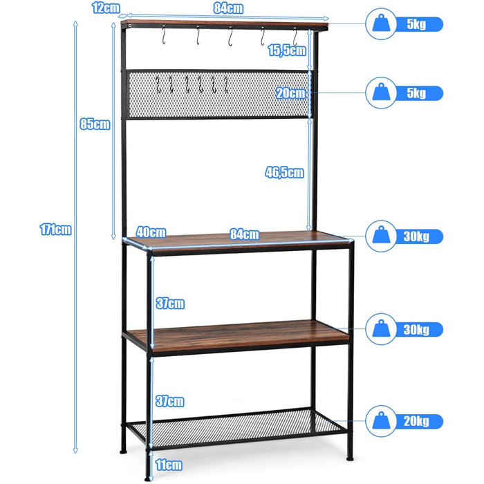 Кухонна полиця COSTWAY 3 яруси з 11 гачками, полиця для мікрохвильової печі Baker Полиця дерево метал 84x39x171см