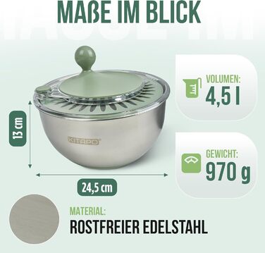Салатниця-швидкоочисник з нержавіючої сталі з ручним приводом, 4.5л [2-в-1, випуск води, придатна для миття в посудомийній машині, неслизька]