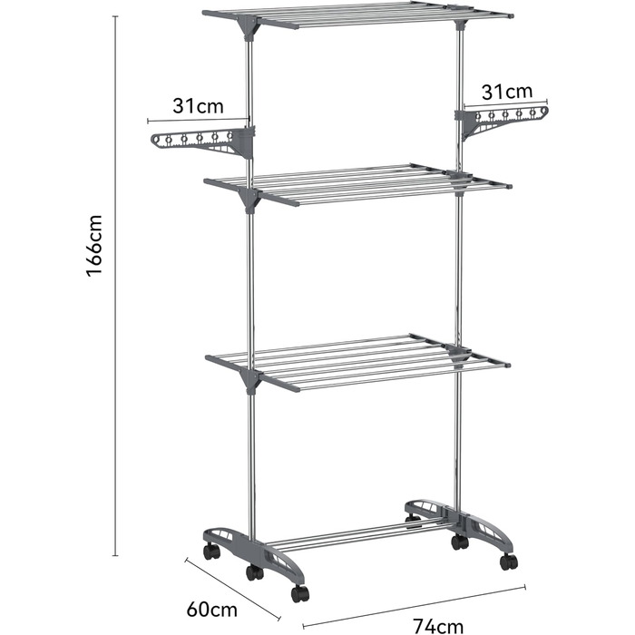 Сушильна стійка Hyfour, 4 рівні, складний, компактний, з полицею для взуття, нержавіюча сталь, зручне зберігання, сірий