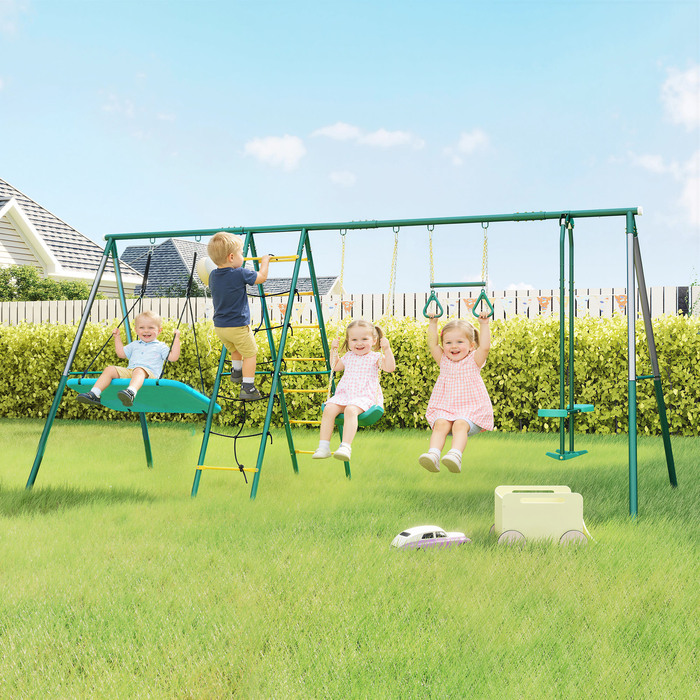 Комплекс для ігор 5-в-1 з регульованою гойдалкою-гніздечком, кільцями для гімнастики, двомісною гойдатю та комплексом для лазіння, призначений для дітей 3-8 років, розміром 440x175x203 см.