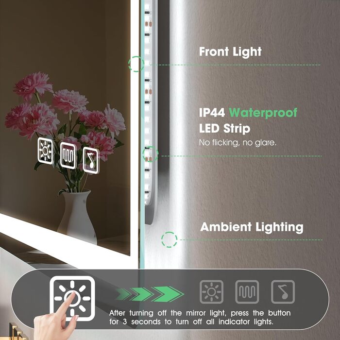 Дзеркало для ванної кімнати S'bagno з підсвічуванням Bluetooth 100x70 см, LED, антизапар, регулювання кольору, IP44