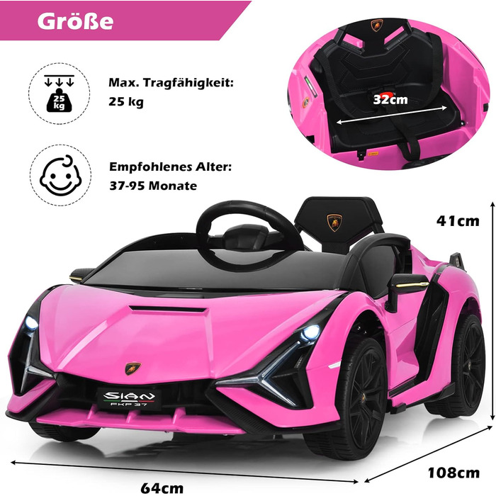 Дитячий електромобіль Lamborghini 12V з пультом, ременем безпеки, підсвіткою, музикою та сигналом, рожевий, для дітей від 3 років