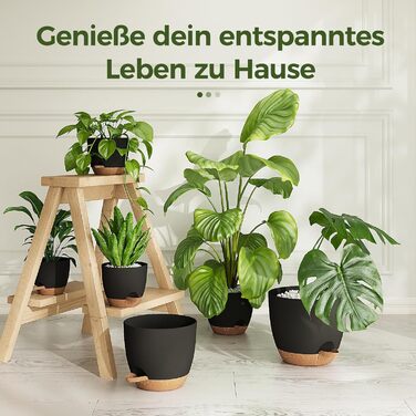 Набір горщиків для квітів Bamworld 6 шт. з автополивом, чорні, різні розміри (12.7-20.3 см), з підставкою, для розсади та кімнатних рослин