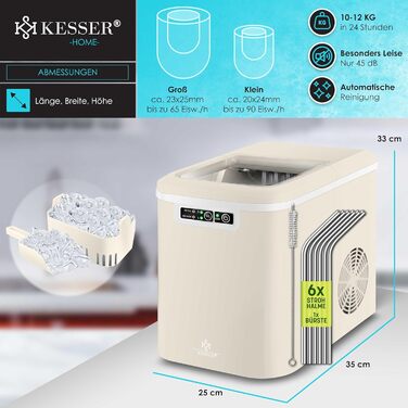Машина для приготування льоду KESSER® з нержавіючої сталі, 12 кг/24 год, LED-дисплей, самоочищення, 2 розміри кубиків льоду, 2.2 л резервуар