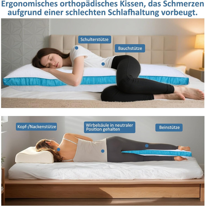 Подушка для сну Flanhorest з ефектом пам'яті для вагітних та годування, 130x43 см, біло-блакитна