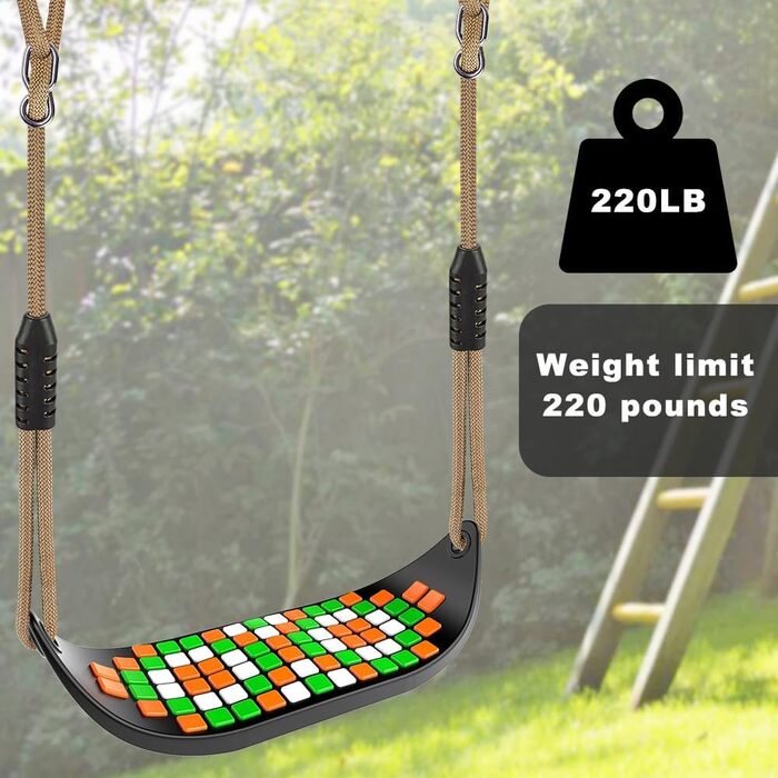 Гойдалка садові SELEWARE з міцним сидінням, 2м регульованим канатом та 2 карабінами, чорна (квадратне сидіння)