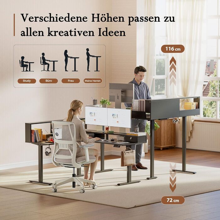 Електричний кутовий стіл Klicelor з регулюванням висоти, L-подібний стіл для стоячи роботи з 3 функціями пам'яті та антиколізійною технологією, ергономічний комп'ютерний стіл, білий (160 x 140 см) з LED-підсвічуванням та штекером