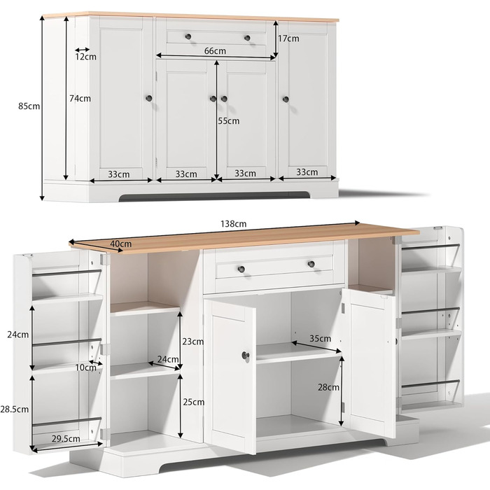 Багатофункціональний буфет-біликовий стіл 138 см з шухлядою, полицями та регульованими полицями – з кріпленням від перекидання, для кухні, вітальні та спальні (Натуральний+білий)