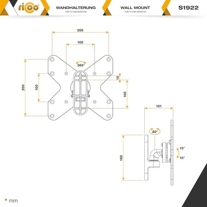 Кріплення для монітора RICOO TÜV, настінне, поворотне, нахилене, універсальне, VESA 75x75, 100x100 мм, для моніторів 13-32 дюймів, срібного кольору