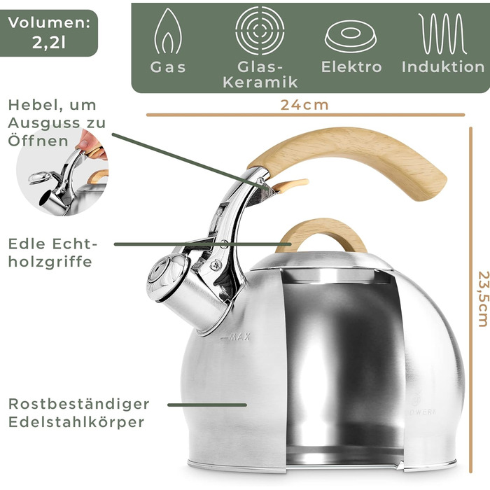 Чайник для води 2,2 л - індукційний та газовий - без пластику, дерев'яна ручка, чайник-флейта зі свистком